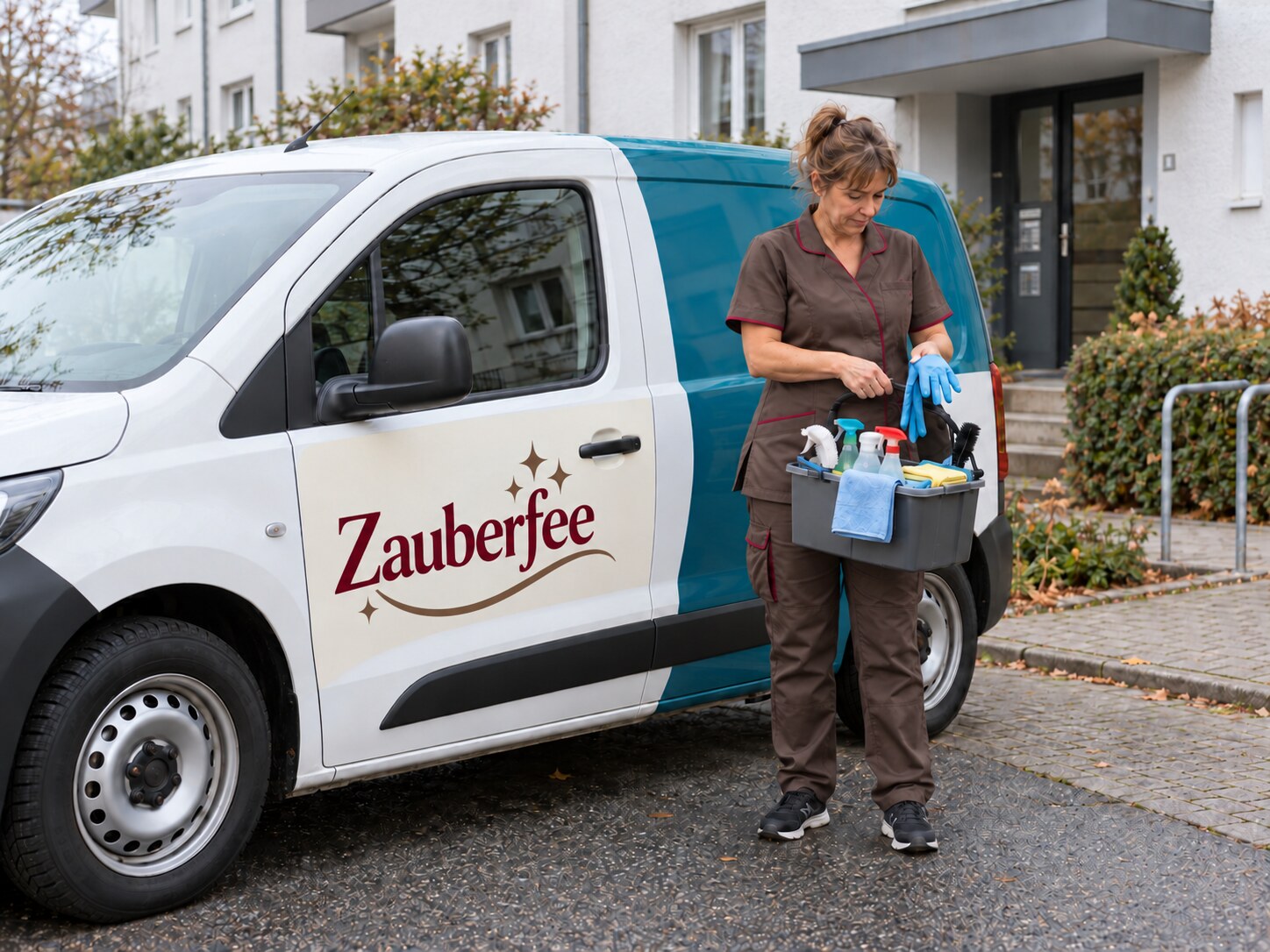 Reinigungskraft mit Arbeitsmaterial neben einem Einsatzfahrzeug